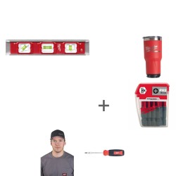 Комплект 2: Уровень Milwaukee Torpedo Base магнитный 25см + Термокружка PACKOUT 887 мл + Биты для шуруповерта Shockwave Impact Duty PH2 x 50 мм + Отвертка универсальная Milwaukee 14 в 1 + Кепка Milwaukee black