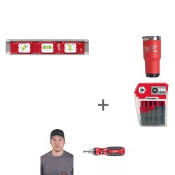 Комплект 1: Уровень Milwaukee Torpedo Base магнитный 25см + Термокружка PACKOUT 887 мл + Биты для шуруповерта Shockwave Impact Duty PH2 x 50 мм + Отвертка с трещоткой 9 в 1 Hex + Кепка Milwaukee
