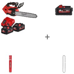 Комплект Все в сад #2: Аккумуляторная цепная пила с верхней рукояткой 35 см M18 FUEL FTHCHS35-802 + Аккумулятор Milwaukee M18 HB8 8.0 + Цепь Milwaukee для цепной пилы 325LP X 356 X 1.1 (2шт) + Шина для цепной пилы Milwaukee 14